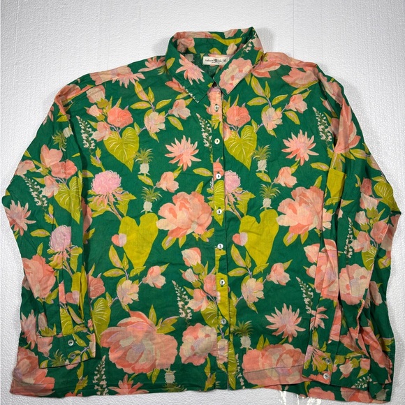 Natural Life Green and Pink Floral Shirt Size Medium 100% cotton button down - Picture 2 of 6